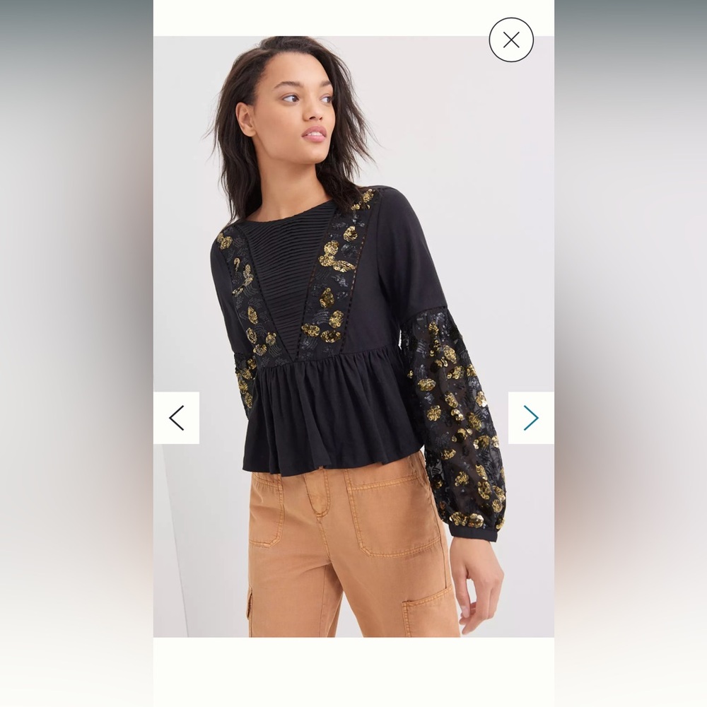 Anthropologie Black and Gold Floral Top